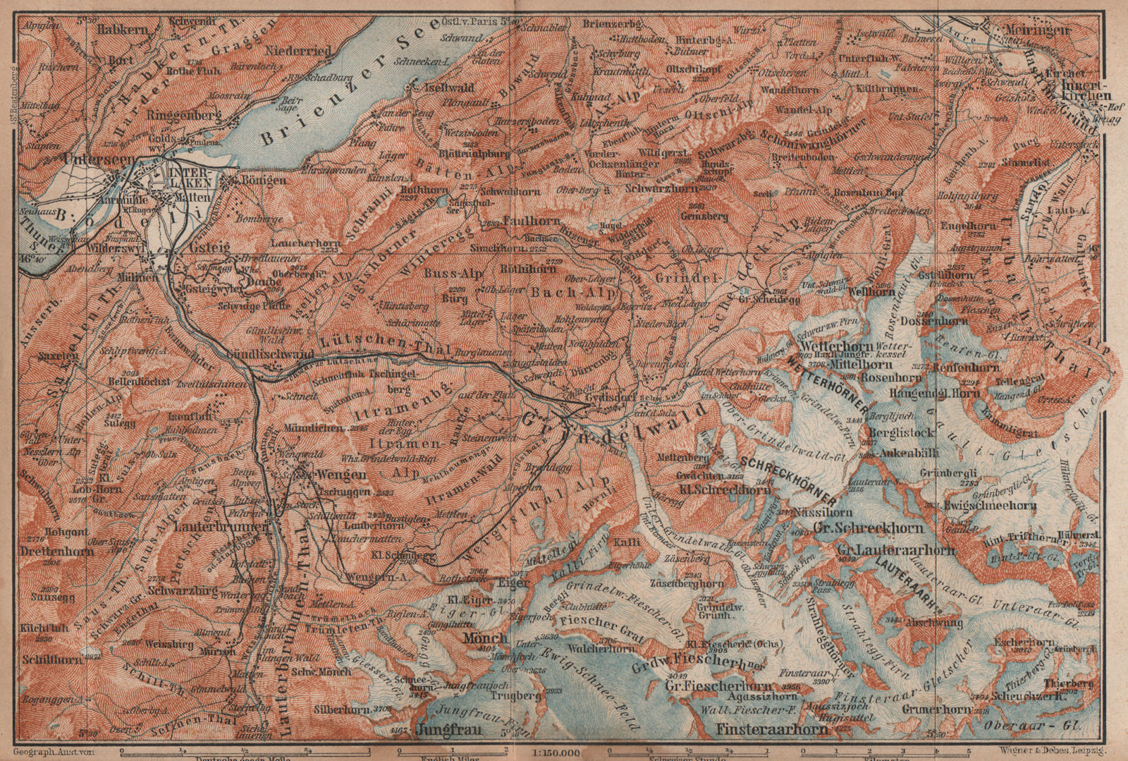 GRINDELWALD environs. Wengen Mürren Jungfrau Wetterhorn Interlaken 1893 map